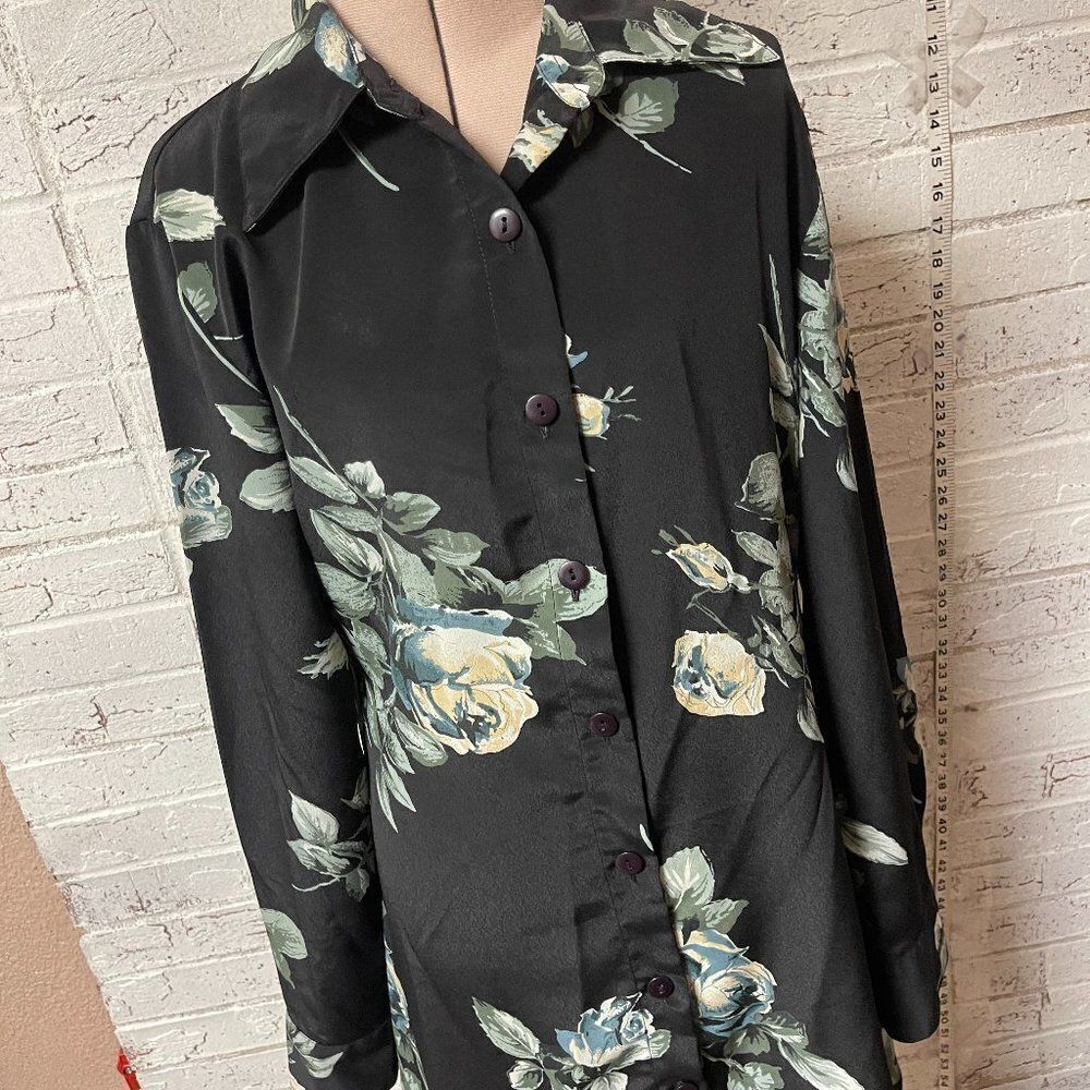 Styleworks Black Floral Dress Button Up long Sleeve 6